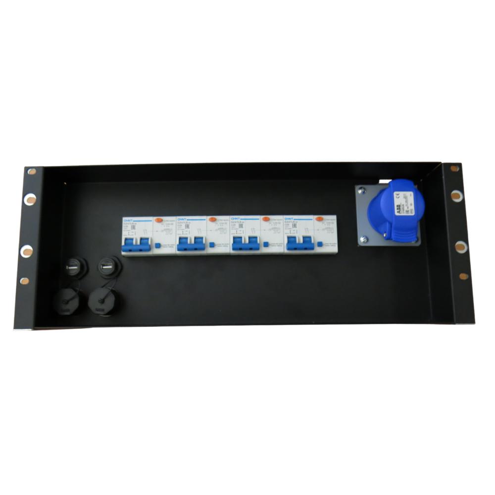 ПРП-2.4.100.2 Корпус ПРП 230В AC 100А 4U 19" на 18 автоматов нагрузки. Установлен силовой разъем (вилка) 230В 32А