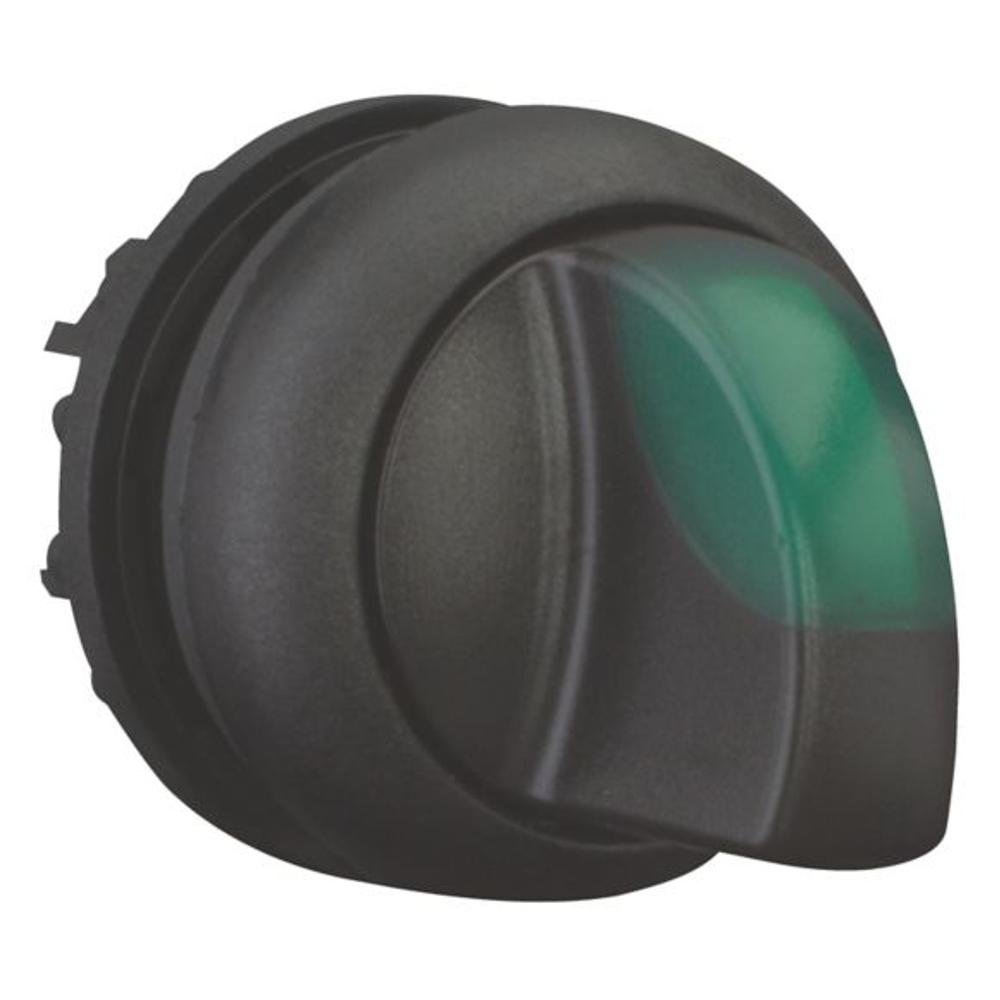 M22S-WRLK3-G Переключатель с поворотной ручкой 3-х позиционный 60⁰, c фиксацией, цвет зеленый с подсветкой, черное лицевое кольцо